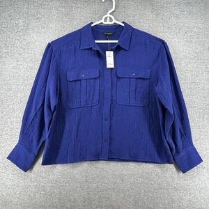 Banana Republic Top Blouse Women Size Large Long Sleeves Blue Casual Pockets NEW